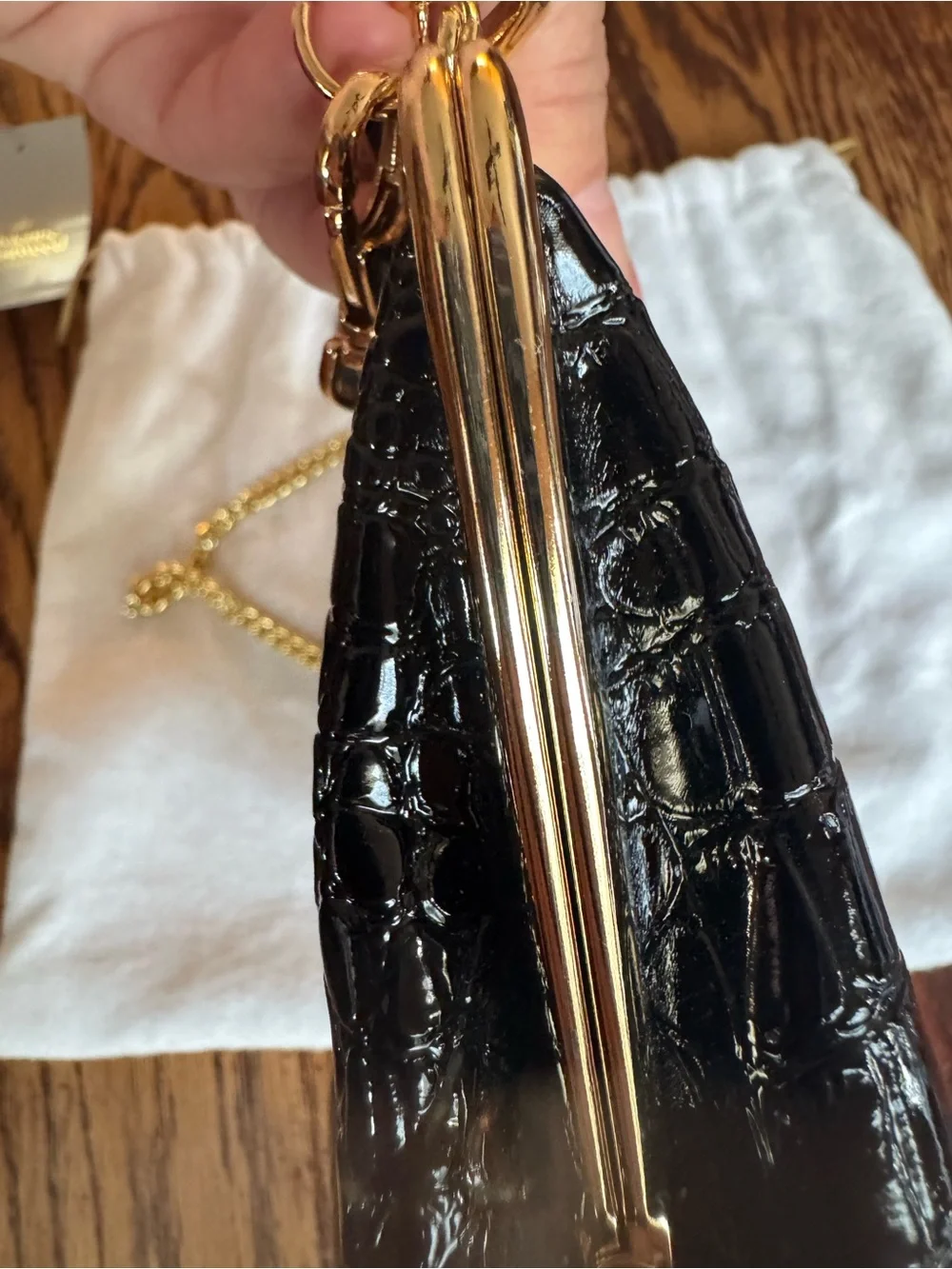 Vivienne Westwood Black Patent Croc-Embossed Frame Clutch with Gold Hardware